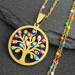 Bohemian Colorful Turkey Eyes Stainless Steel Tree of Life Chain Necklace Gold Color Necklaces jewlery arbre de vie N5210S04
