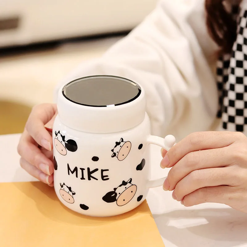 Cartoon Cow Mirror Mug Cute Cow Spotted Ceramic Water Bottle with Handle Couple Kawaii Student Drink Milk Cup Office Gift