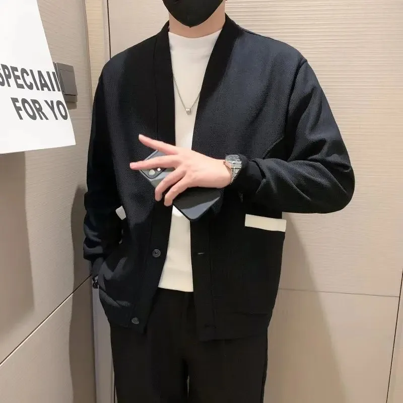 

Осенне-зимний однотонный кардиган с длинными рукавами и v-образным вырезом, свитер, мужская вязаная модная повседневная свободная куртка