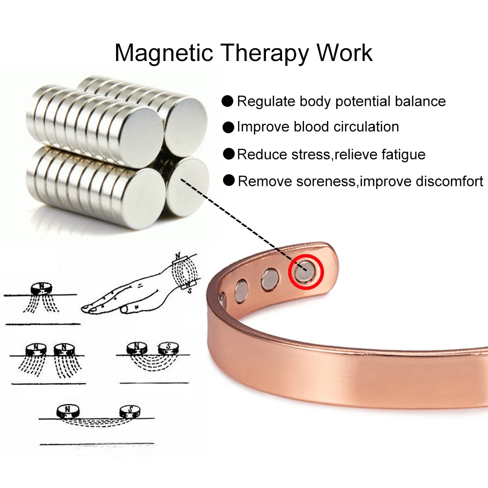 Vinterly Pure Copper Bracelets Magnetic Therapy Arthritis Shiny Adjustable High Magnets Open Cuff 10mm Bangles Resizable Jewelry