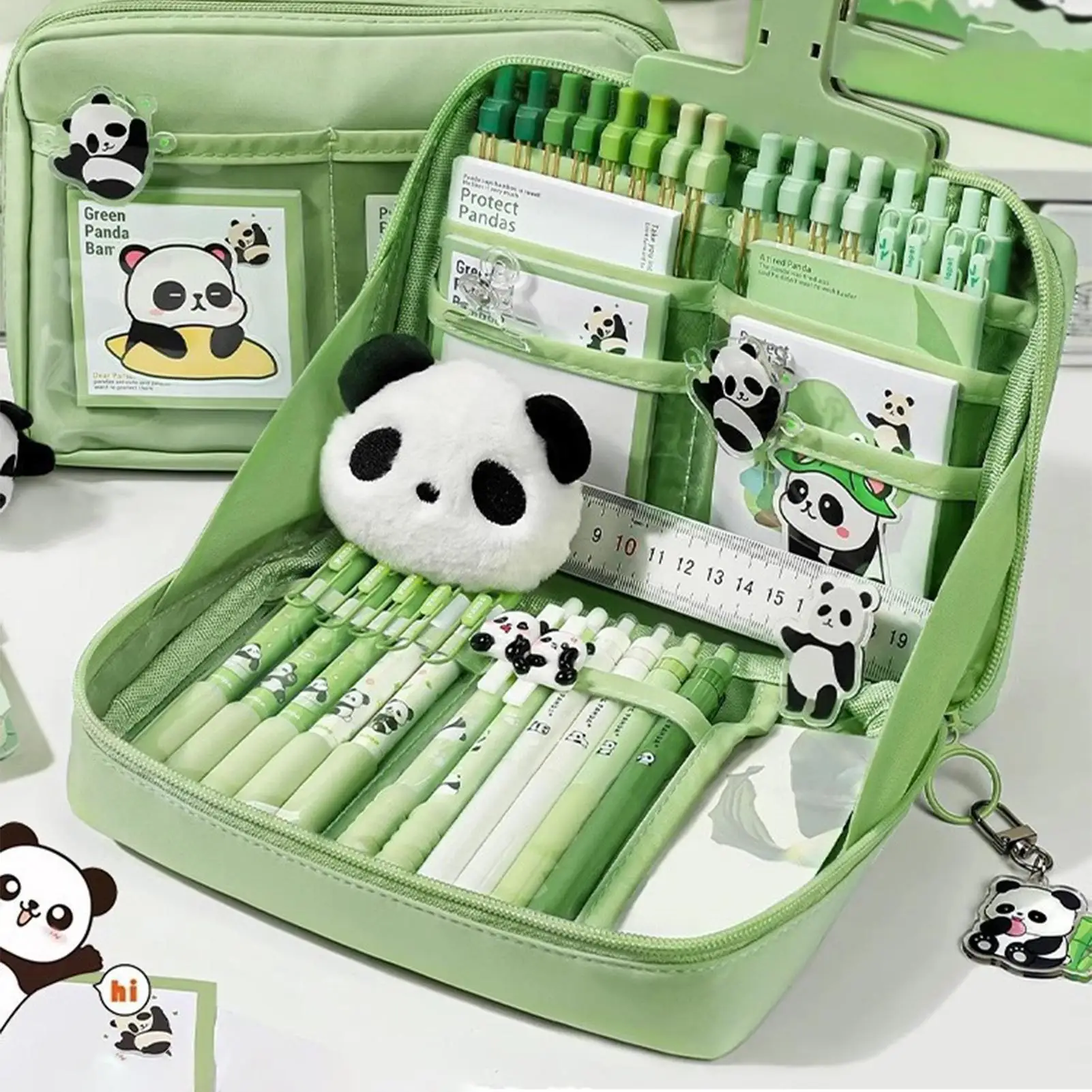 

School Supplies Kit Aesthetic Stationery Set Panda Design Pens Stick Notes Brooches Pendants Kit for Kindergarten