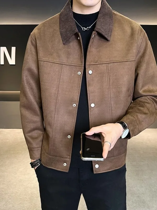 

2026 Autumn Winter New Men's Suede Jaet Loose Fit Collar Stand up Trend Splicing Outerwear Casual Sle Long Sve Polyest...