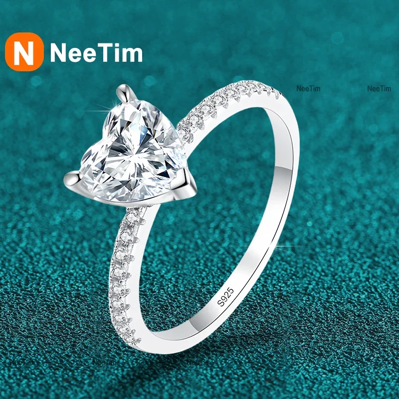 NeeTim 1ct 2ct Moissanite Ring for Women Heart Shape Wedding Eternity Band Sterling Silver 925 with White Gold Plated Rings