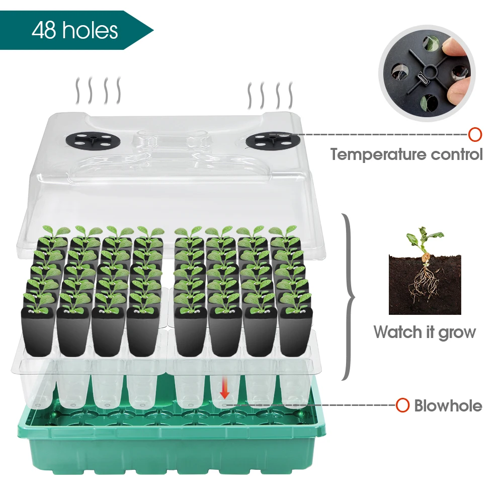 48 Cells Seedling Trays Germination Box with 30W Heating Warm Mat Indoor Seeds Starter Tray Kit Adjustable Temperature Humidity