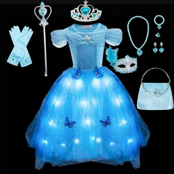 Disney Girls Cinderella Ball Gown with Butterflies Embellished Featured Light up Princess Birthday Dress Kids Halloween Clothing