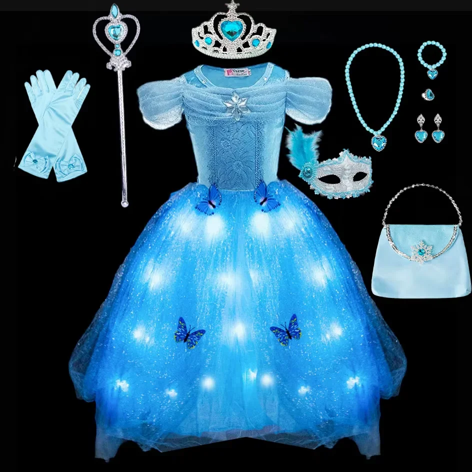 Girls Cinderella Ball Gown with Butterflies Embellished Featured Light up Princess Birthday Dress Kids Halloween Clothing