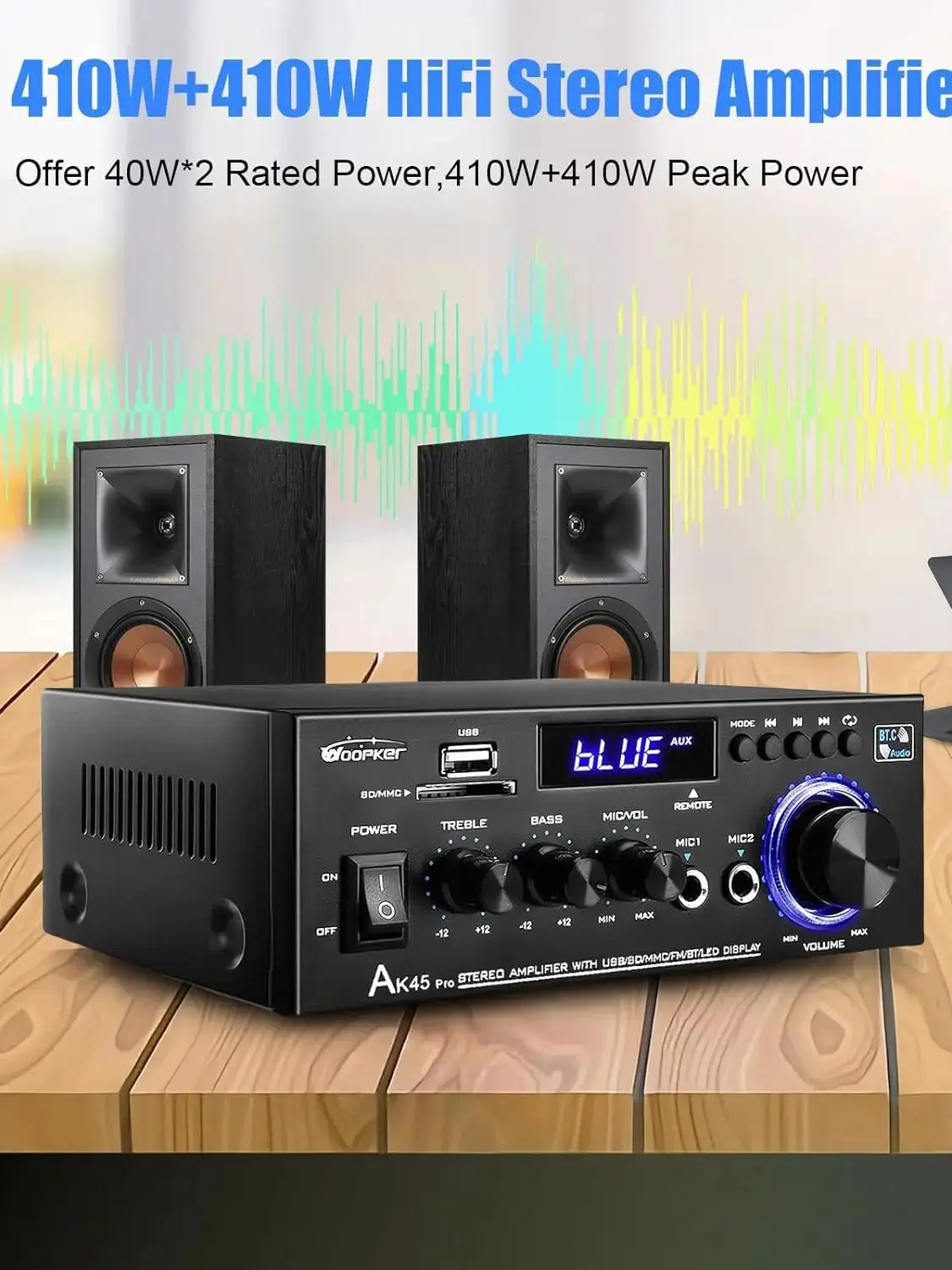 AK45 Pro Audio Desktop Amplifier 2.0 Bluetooth 5.0 HiFi Stereo Max 410W Kanałowy wzmacniacz audio Mini AMP Receiver 12V/5A — 2