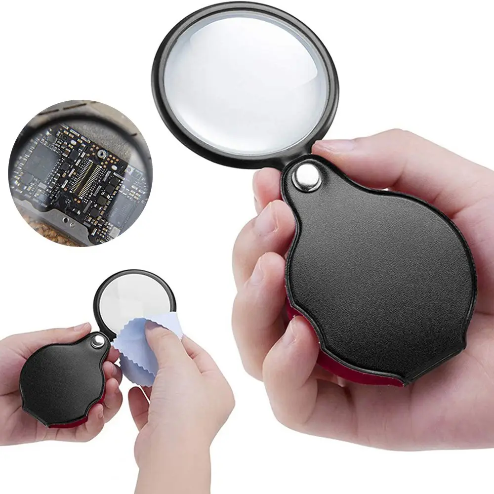 Mini Foldable Handheld Reading Newspaper Leather 50mm Gift Magnifier Magnifying Glass Loupe