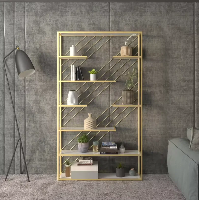 

#Modern Multifunctional Durable Living Room Storage Rack Luxury Gold Metal Book Shelf Home Decor Standing Display Rack