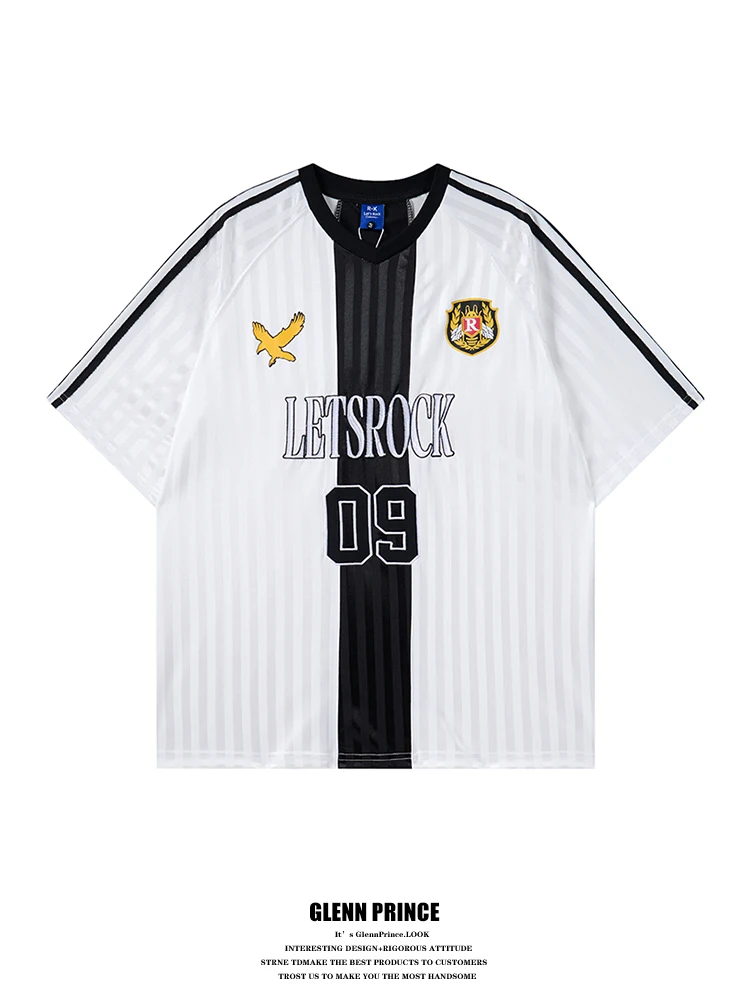 

GPstudio American Retro Striped V-neck Short Sleeve T-shirt Ice Silk Sports Top for Men And Women Youth Summer Breathable