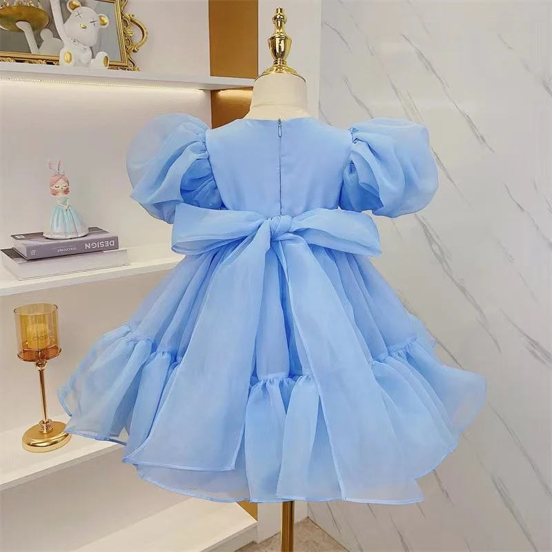 2024 New Girls Princess Tulle Dress Kids Puff Sleeve Mesh Dress Children Birthday Party Ball Gown Dresses Summer Elegant Vestido