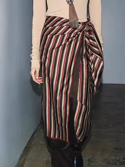 

ZBZR, зима 2025 г., женский сценический костюм с запахом на талии, шарф в полоску, юбка, качественная модная этническая женская одежда