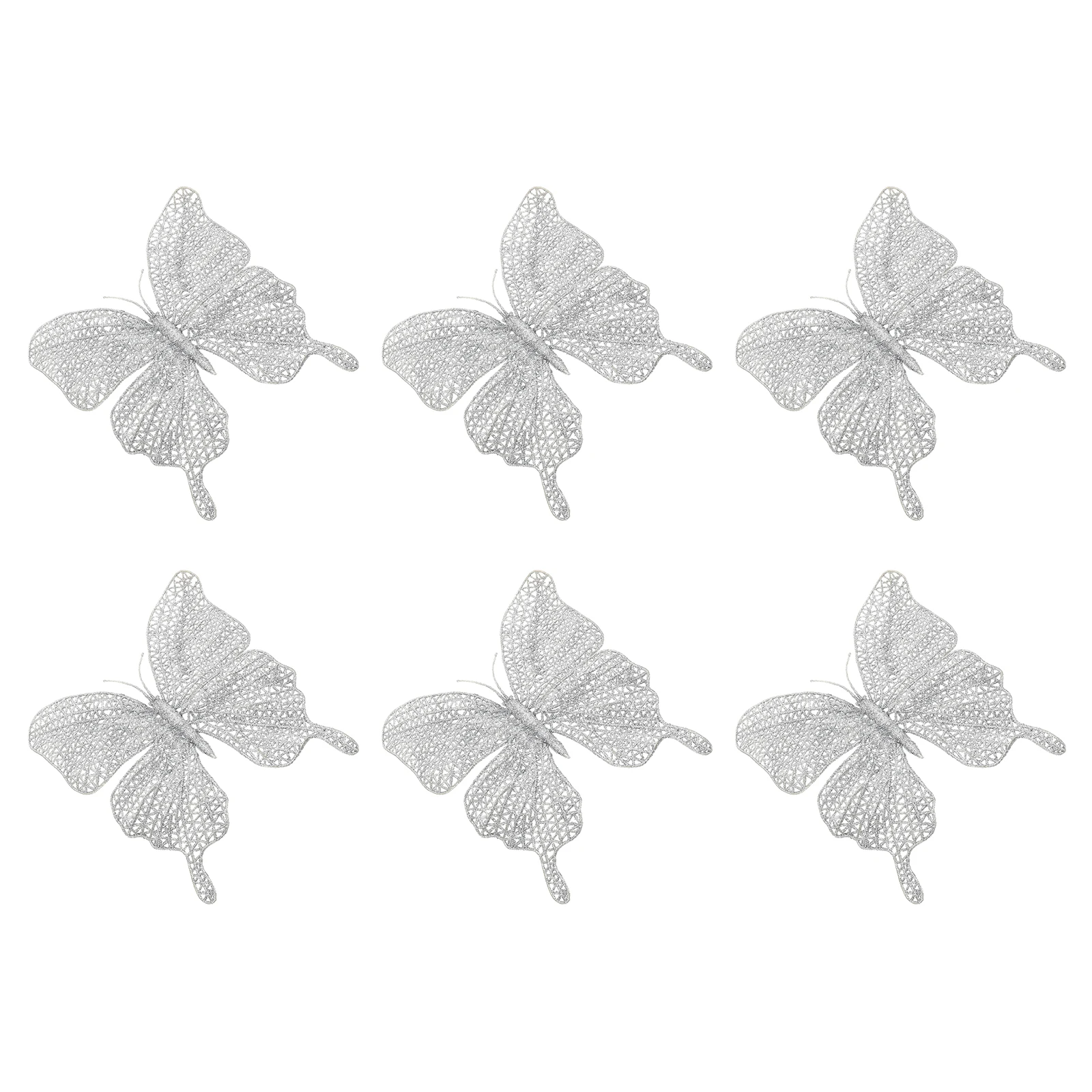 

6pcs Butterfly Christmas Ornaments Mini Hollow Artificial Decorations Glitter Powder Xmas Fake Shiny Non Fading