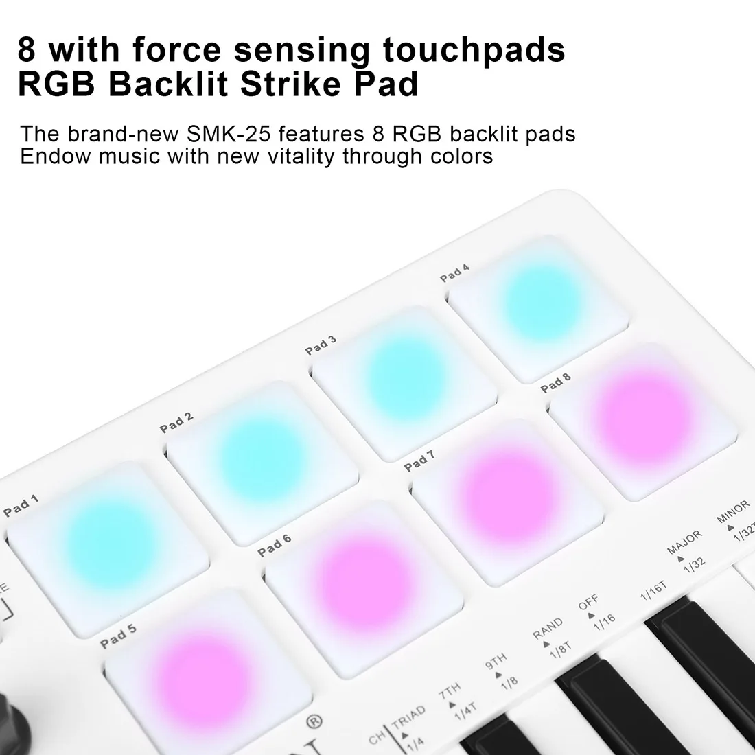 SMK-25  Portable Keyboard MIDI Controller Arrangement Bluetooth Wireless 25 Force Sensing Key RGB Strike Pad Keyboard view 6