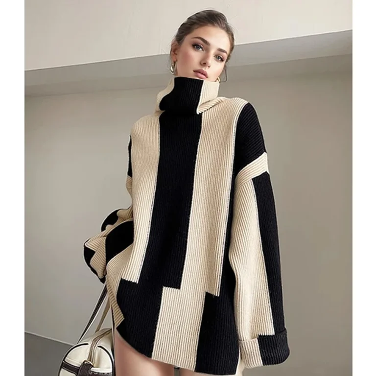 High-crowned Lazy Style Black White Stripe Wool Coat Women Autumn Winter Outdoor Warm Soft Cover Knitted Top Thick