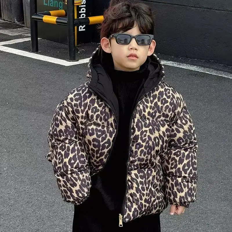 

90-150cm Boys' Cotton Jacket Autumn/Winter Girl Parka New Handsome Children's Leopard Pattern Thickened Cotton Coat