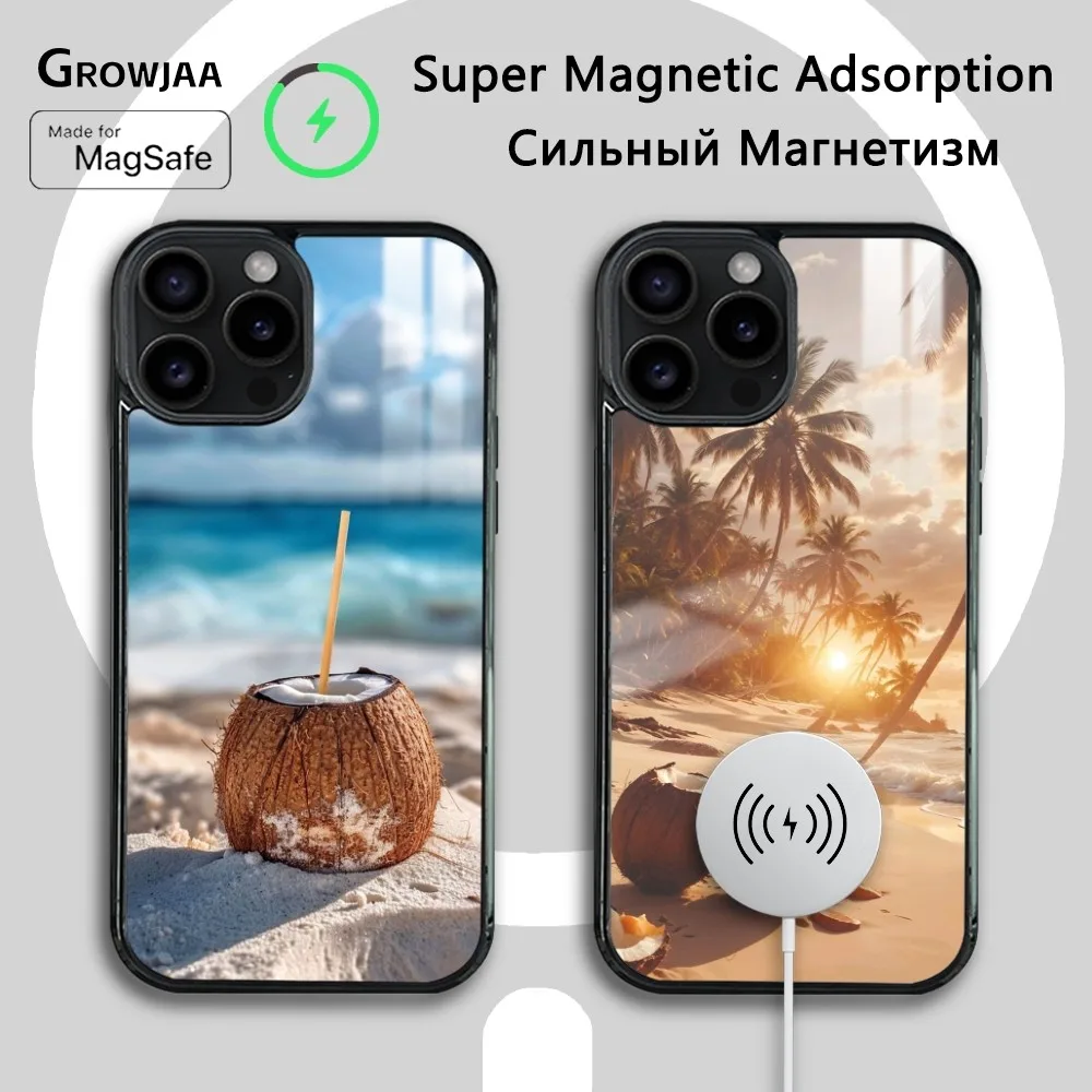 

Summer Beach Coconut Phone Case For iPhone 16 15 14 13 12 11 Pro Max Plus Mini Magsafe Mirror Wireless Magnetic Cover