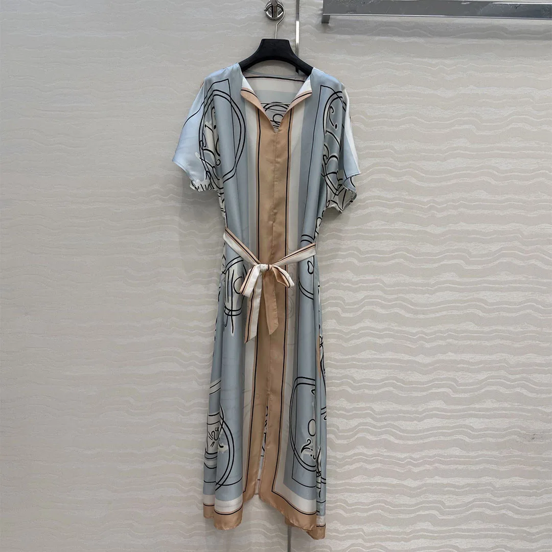 

2026 New Spring Elegant Lady Fashion Cartoon Print 100% Twill Silk Long Dress Women V-neck Short Sleeve Slim Belt Loose Dresses