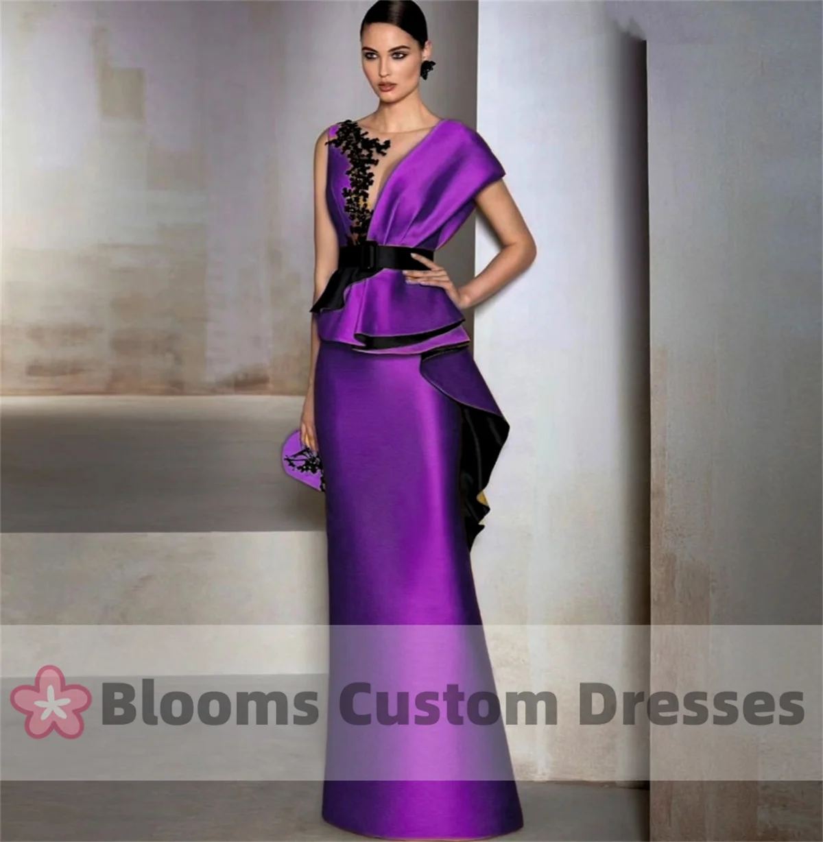 Blooms Customized Black Appliques Purple Satin Plus Size Mother Of Bride Dress Wedding Guest Formal Occasion Gown Mermaid