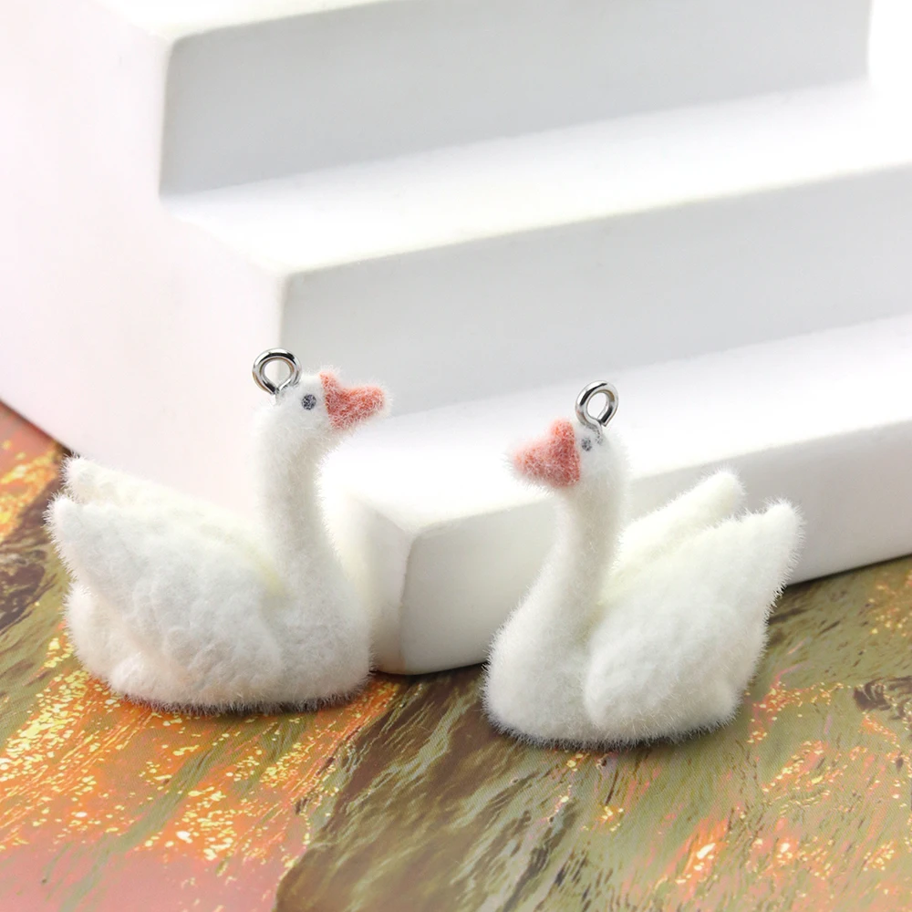 20pcs 3D Flocking Resin Swan Charms Animal Pendant Accessories for Necklace Keychain Earrings Bags DIY Making Jewelry Adornment