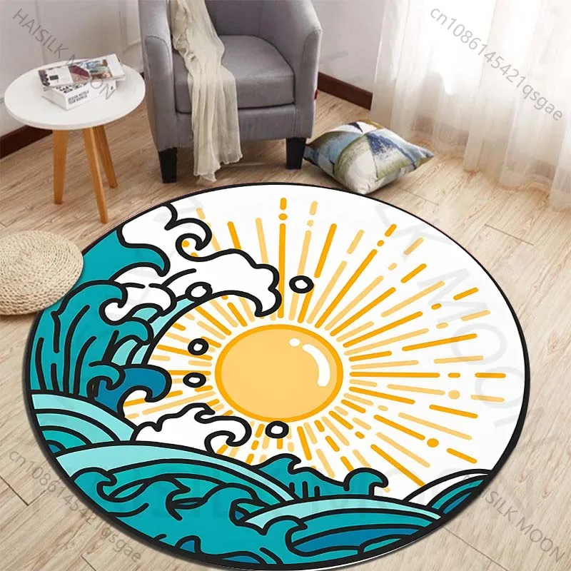 Fresh Waves and Sun Design Printed round carpet living room sofa table carpet large pet mat soft round carpet home decoration