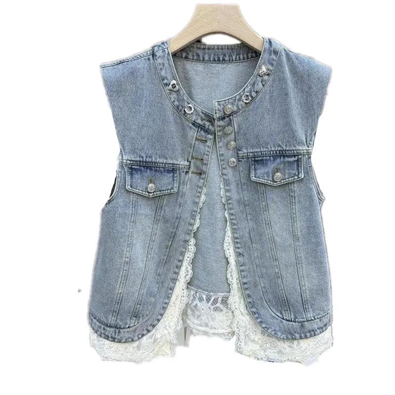 

Vintage Denim Vest Women Spring and Autumn 2025 New Diamond O-Neck Lace Splicing Jean Waistcoat Female Sleeveless Jacket T1521