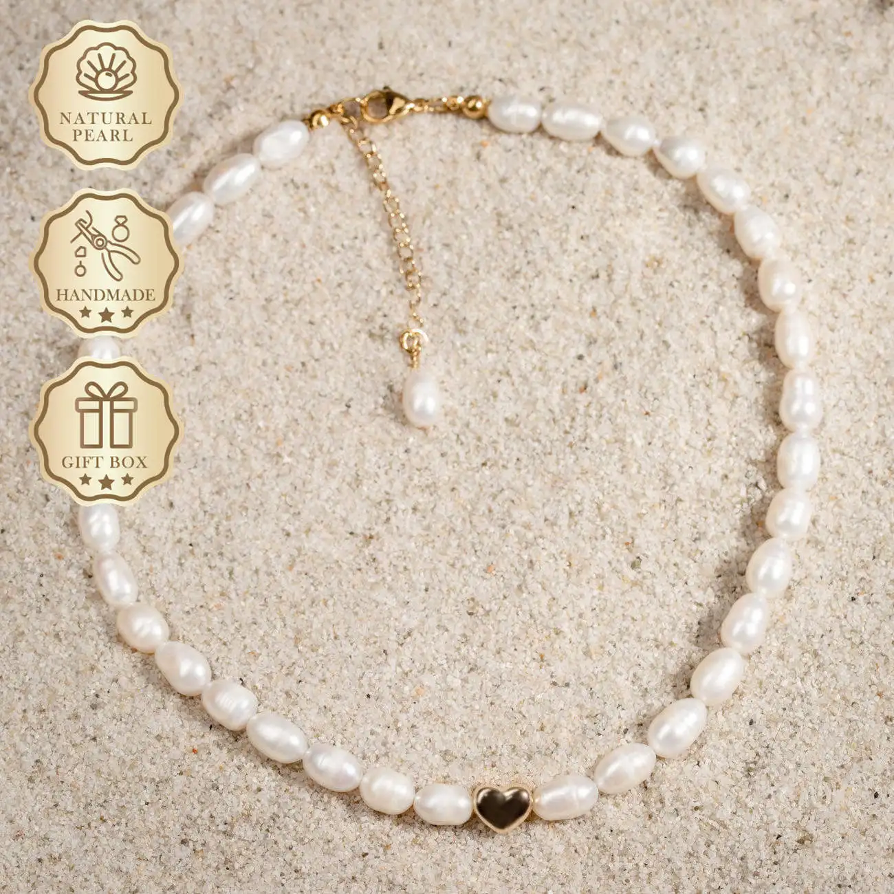 

MYSOYA White Rice Freshwater Pearl Necklace with Gold Heart Pendant & Gold Extender Chain, Gift Box, Birthday & Anniversary Gift