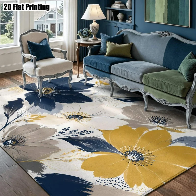 Large Indoor Area Rug, Soft Velvet Low Pile Machine Washable, Abstract Floral Navy Blue Mustard Beige Pattern Floor Rug for Living Room, Bedroom, Entryway, Home Decor