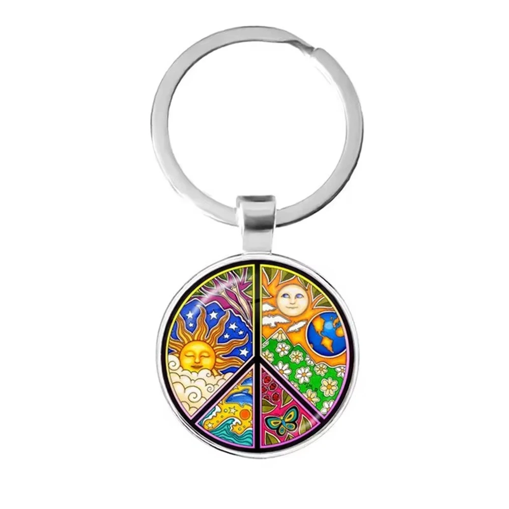 Fashion Arrival Peace Symbol 25mm Glass Cabochon Keychain Round Hippie Peace Sign Bus Glass Dome Key Rings Holder For Men Women