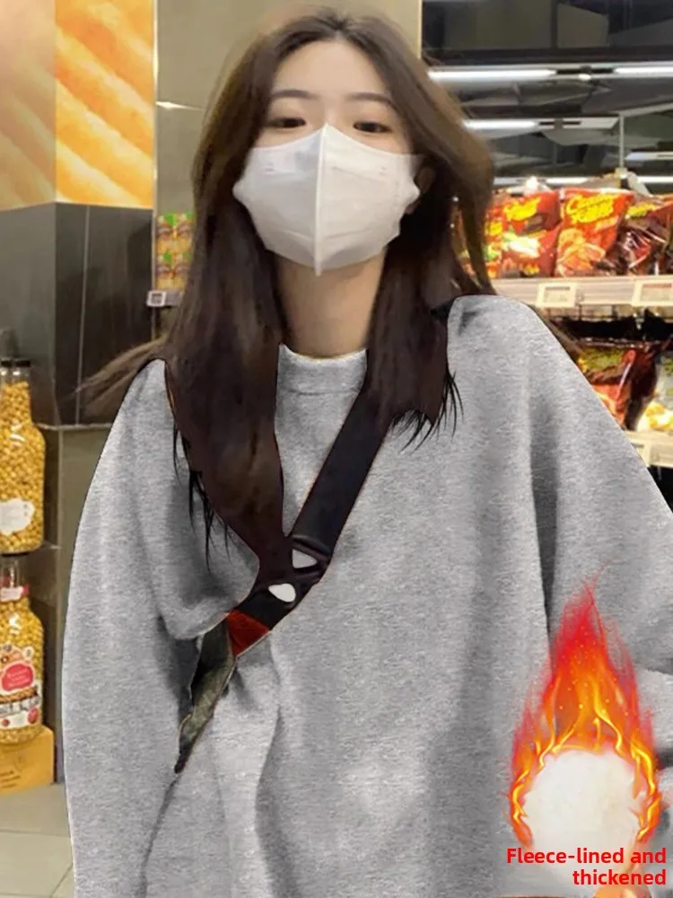 الأبيض Fce اصطف Thiened حجم كبير هوديي المرأة ربيع الخريف فضفاض منتصف طول أعلى جولة Ne مريحة البوليستر