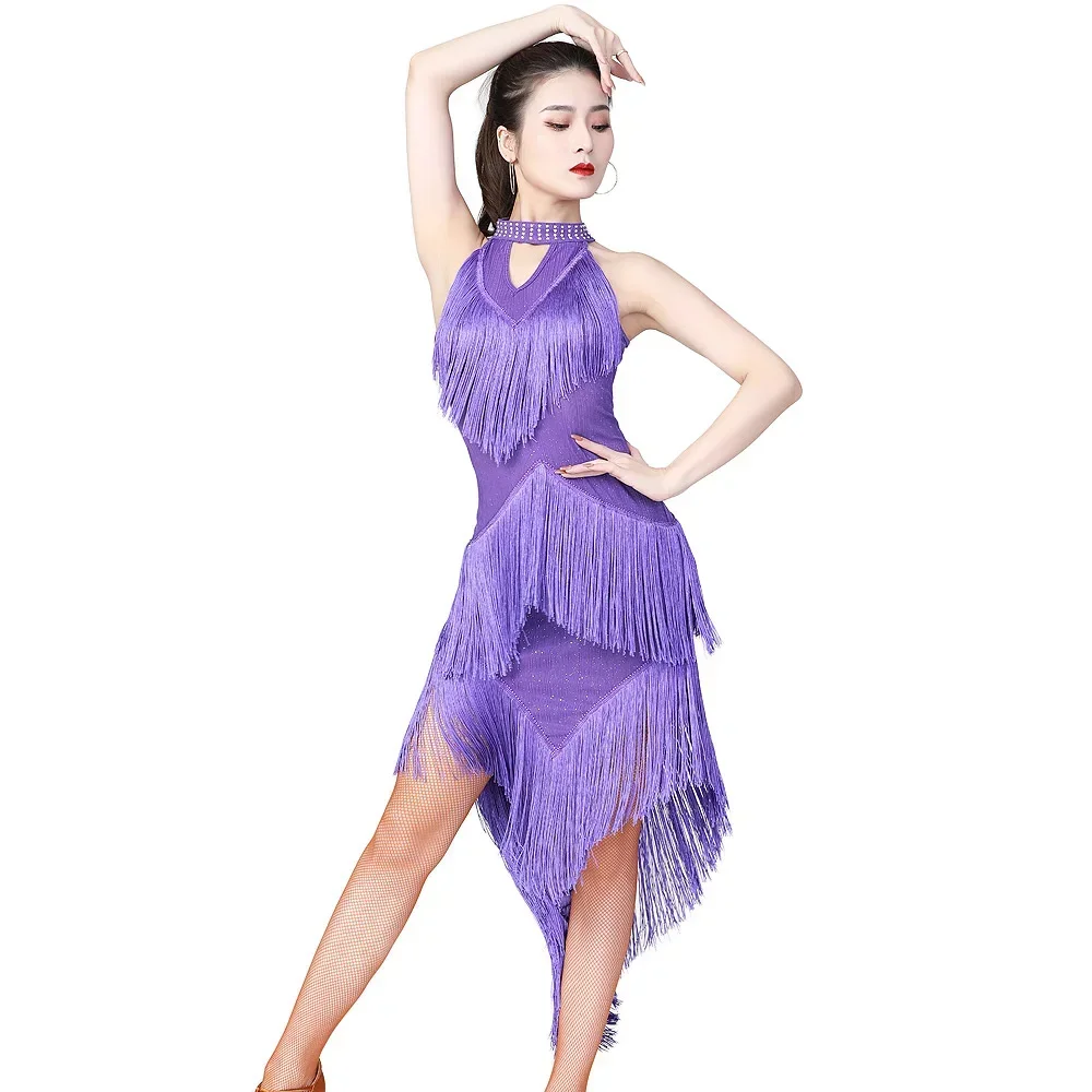 Women's Sexy Unique Irregular Sleeveless multi layer fringe long Latin Dresses