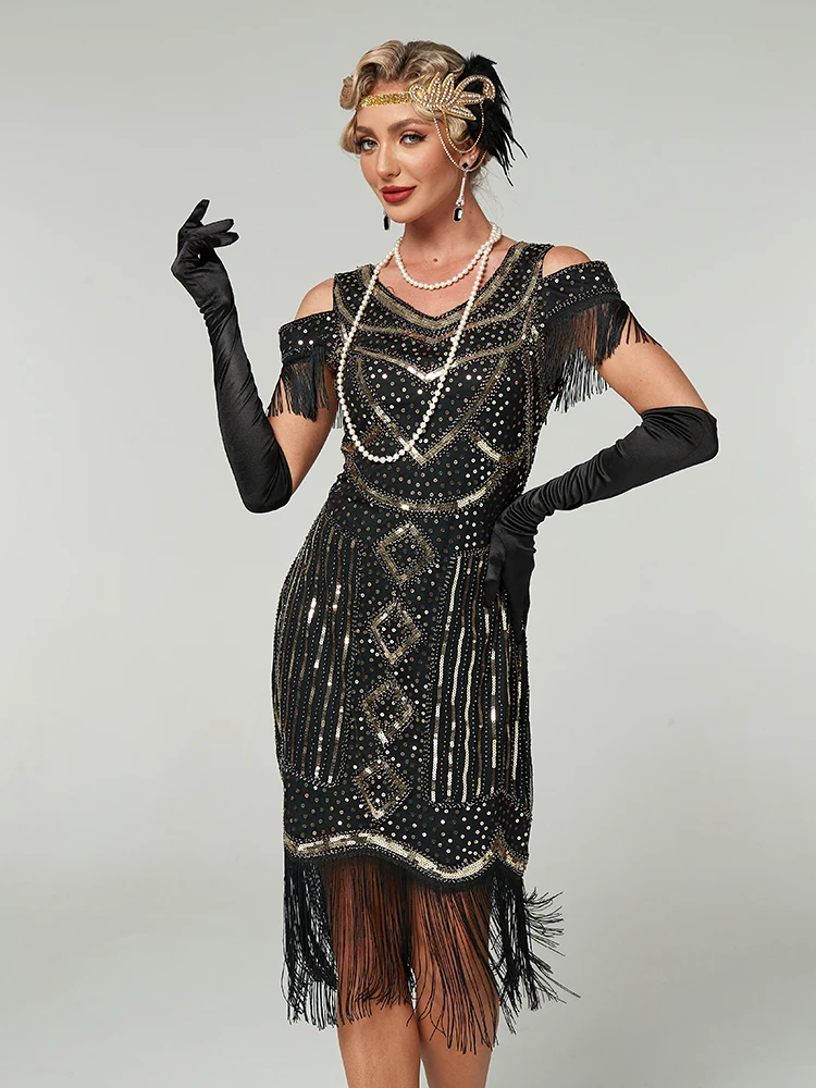 Vestidos de los Años 20, Vestidos Estilo Gran Gatsby para Mujer con Flecos, Disfraces de los Años 20 con Accesorios para Noches de Harlem
