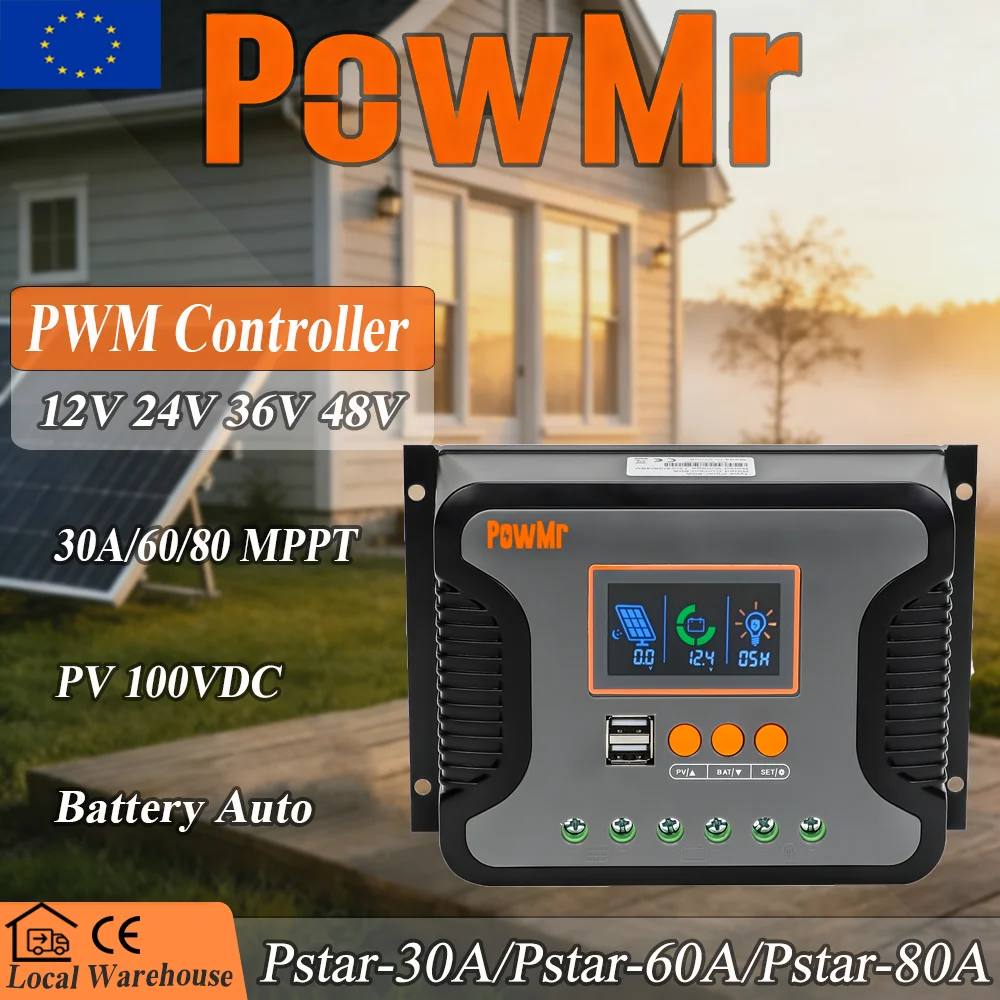 POWMr PWM Solar-Laderegler 30A/60A/80A Batterie 12 bis 48V Auto Max PV 100V 3840W Eingang für Blei-Säure LiFePO4 Ternäre Lithium-Batterie mit LCD-Display & 2 USB-Anschlüssen Geräuscharmer Betrieb für