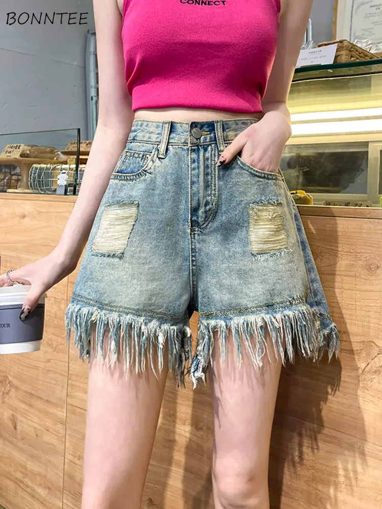 

Hole Denim Shorts Women Tassel American Style High Waist Vintage Streetwear Solid All-match Summer Hotsweet Fashion Ulzzang Ins