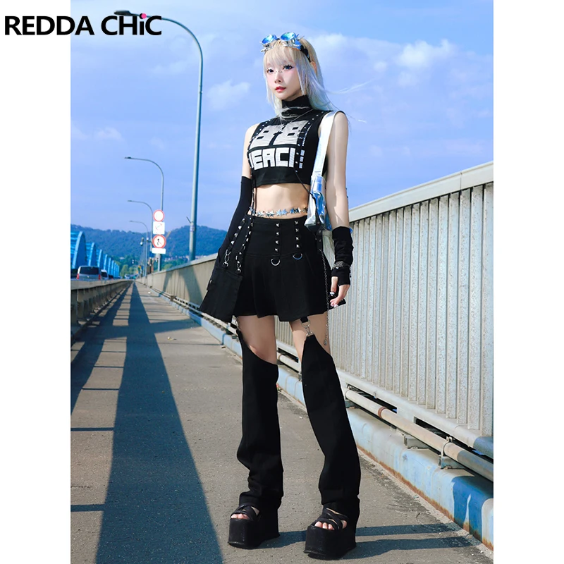 

REDDACHiC Denim Skirt Leg Warmers Mini Bag Women 3-piece Set Black Solid Pleated Skirt Thigh-long Boots Cover Y2k Acubi Fashion