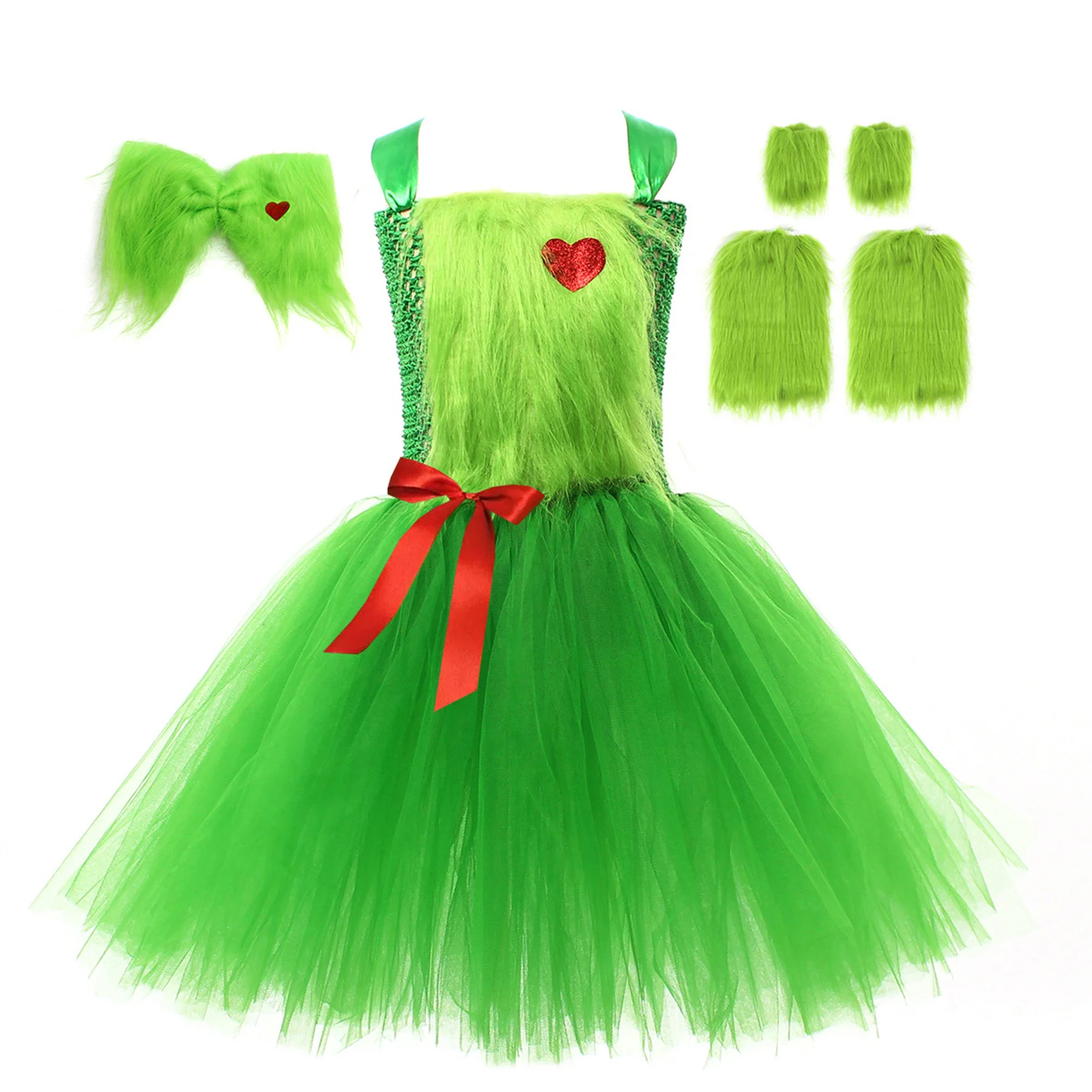 

Christmas kids Green Fluffy Dress With Plush Accessories For Girls' Birthday Parties Princess Dresses Stage Performance Costumes