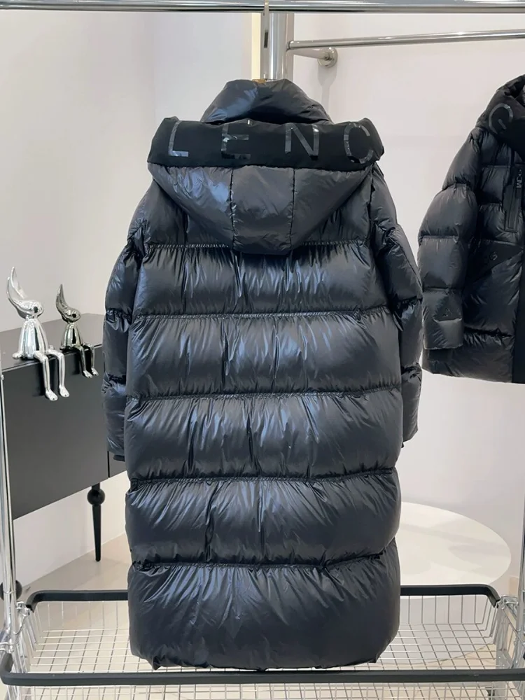 Veste noire à capuche en duvet pour femmes, design brillant, chaud, épais, longueur moyenne, mode hiver et automne, nouveau, 2024