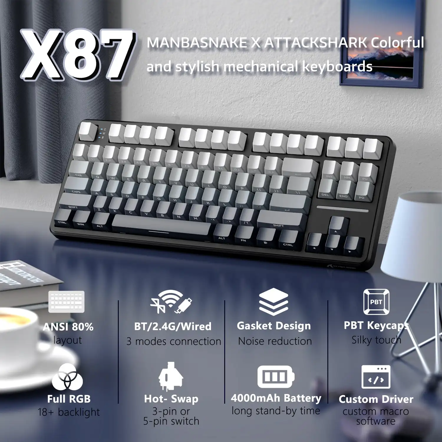 ATTACK SHARK X87 Wireless Mechanical Gaming Keyboard Hot Swappable Tri-Mode BT5.0/2.4G/USB-C Gasket Custom Keyboard Pre-lube
