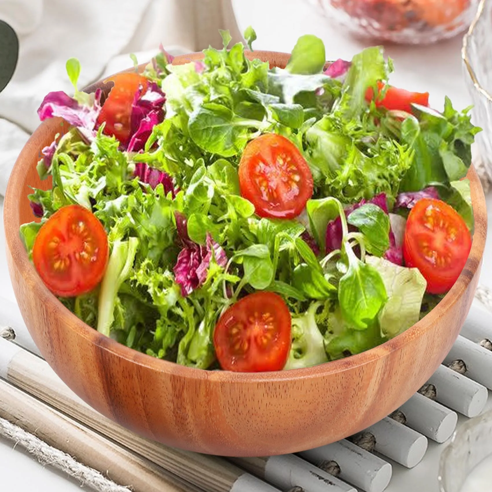 

L55A-Деревянная салатница-Большая деревянная миска для салата из акации диаметром 9,4 дюйма с ложкой, можно использовать для фруктов, салата