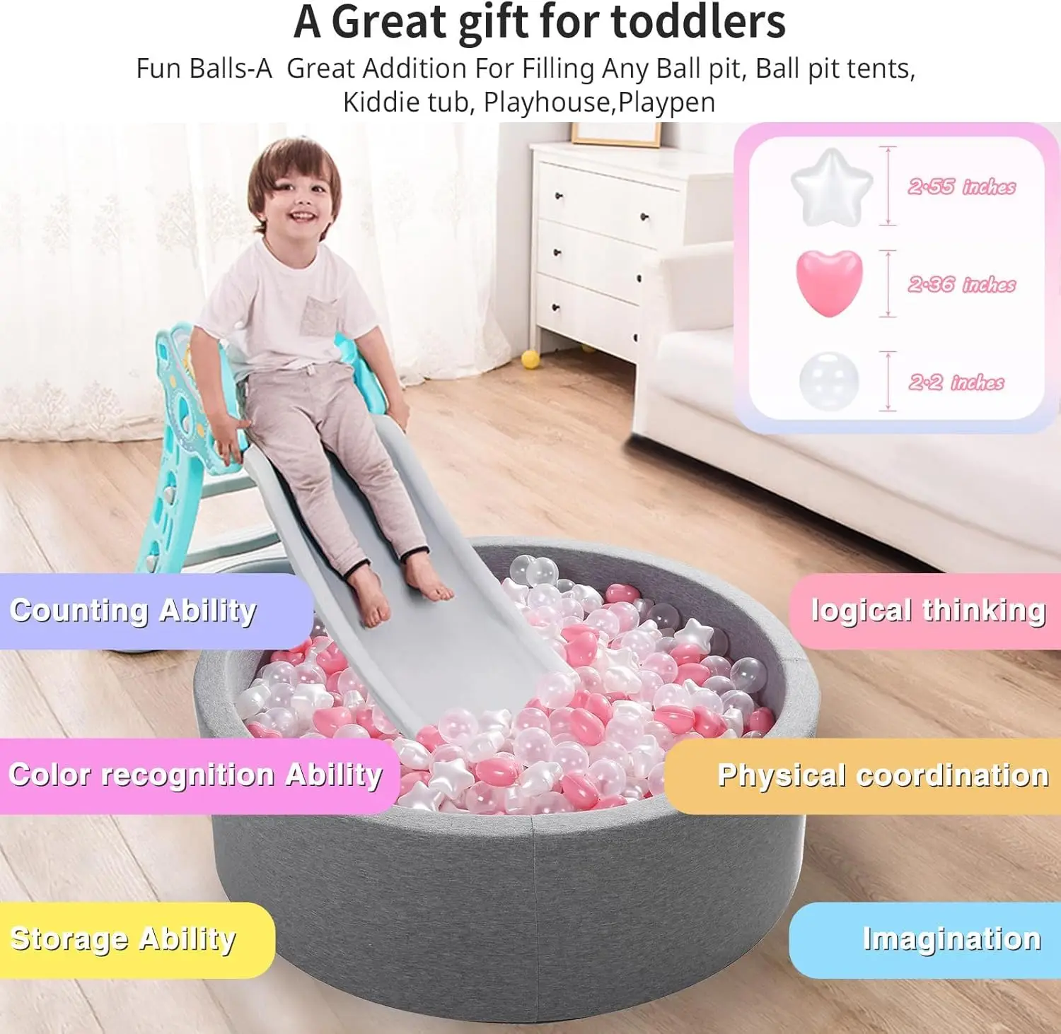 Ball Pit Balls 100PCS Pink+Pearl White+Clear, Plastic Balls for Toddlers Phthalate Free Crush Proof Balls in Reusable Play Toys