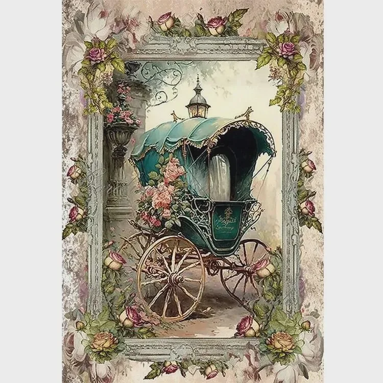 Diamond Painting Antique Green Royal Carriage Elegant Rose Flower Border Vintage Floral Frame Romantic Art DIY Handicraft Gift