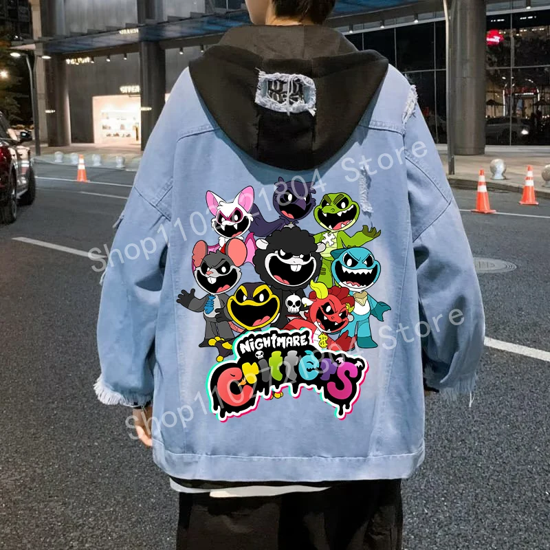 Nightmare Critters Fake Two Pieces Jeans Adult Fashion Printing Denim Jacket Hip Hop Anime Overcoats Cool Birthday Party Gifts