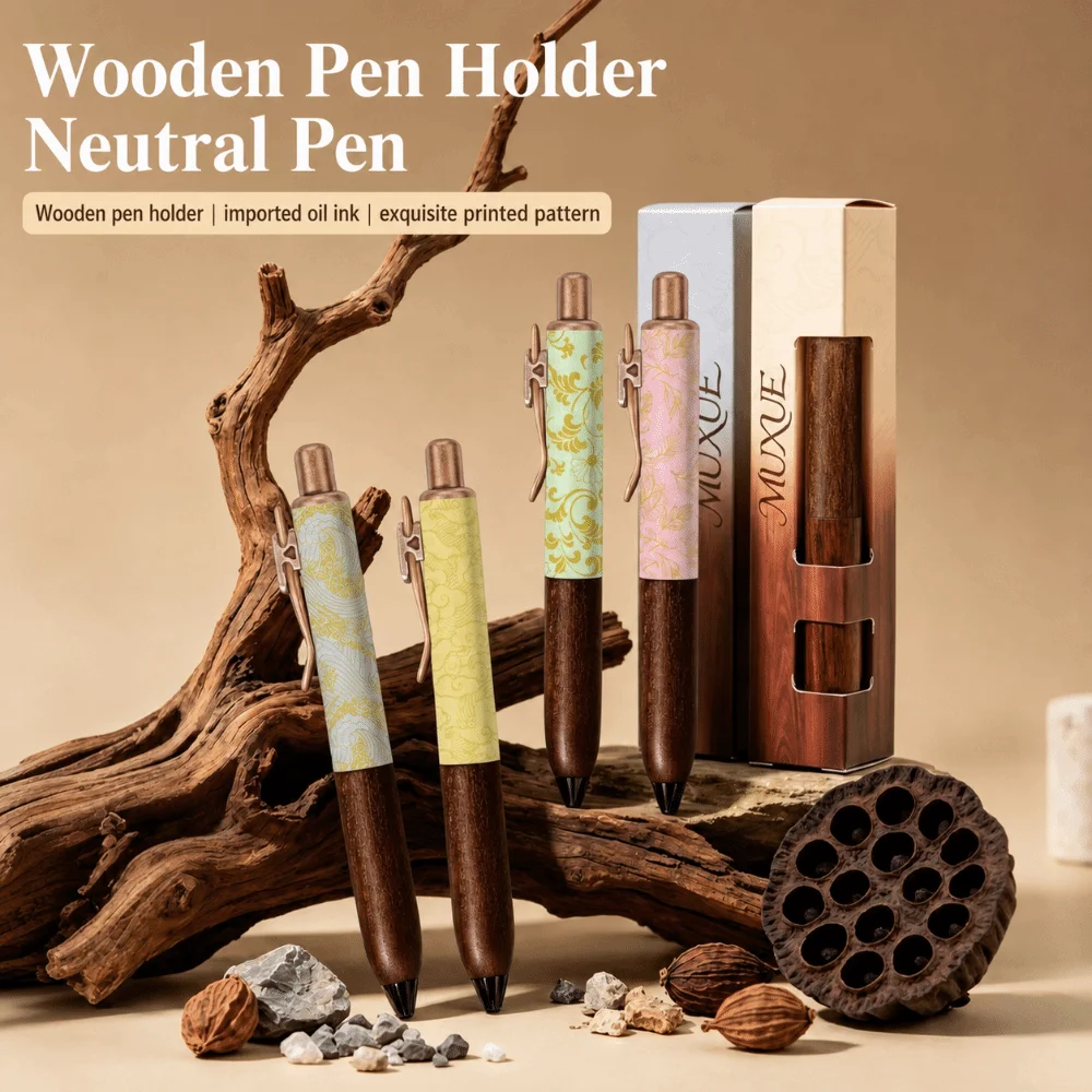 Portable Wood Chubby Gel Pen Vintage Floral Printed Smooth Writing Signature Pen Click Pen School Office