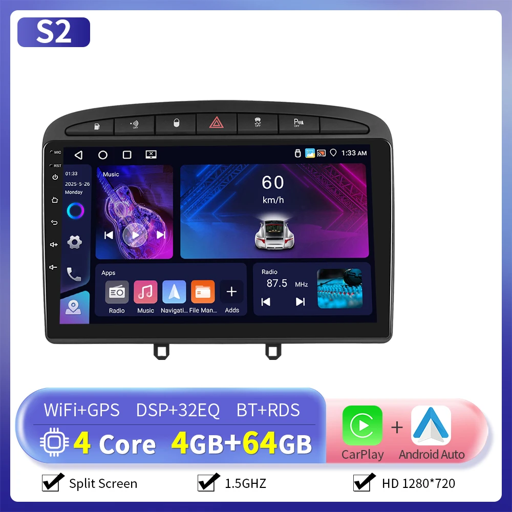 Camecho 6 + 128G Draadloze CarPlay Android Auto Radio voor Peugeot 308 408 2007 2008-2015 GPS Stereo 4G WIFI Multimedia Speler