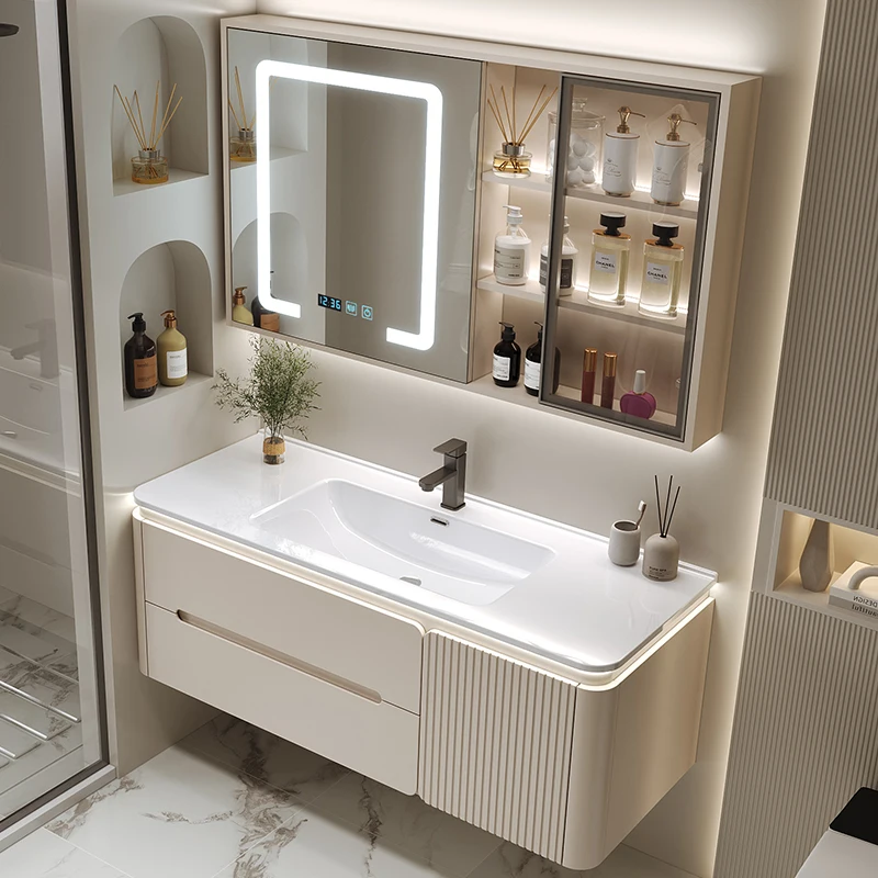 

Internet celebrity ceramic integrated basin cream wind bathroom cabinet combination washbasin toilet hand face basin smart mirro