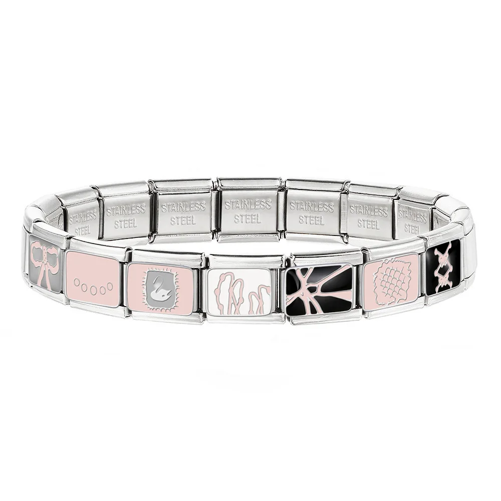 Modischer, silberfarbener, süßer Schwan mit Gittermuster und Blumen, Damen- und Herren-Edelstahlschmuck, Charm, italienische Gliederkette, passend für 9-mm-DIY-Armbänder – Detail 2