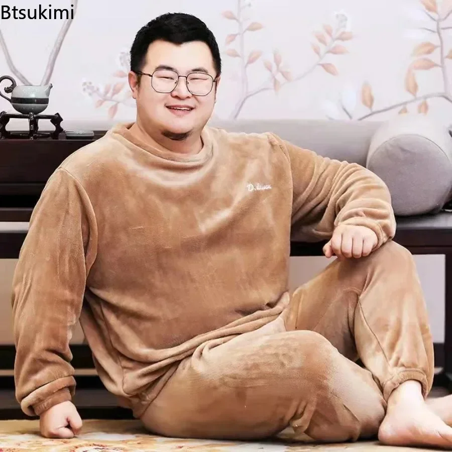 Novo plus size inverno conjuntos de pijamas de flanela dos homens macio carmesim casa roupas para homens casual lazer camisola pijamas terno