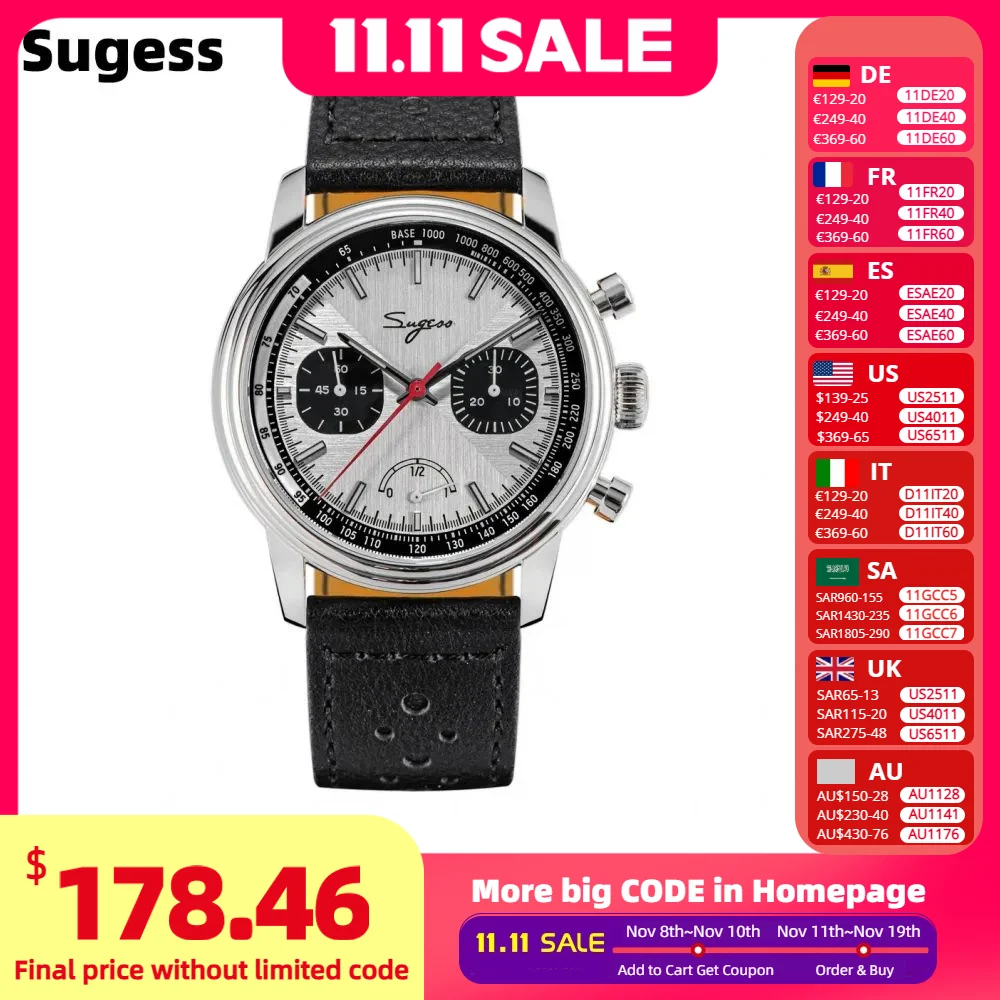 Reloj piloto Sugess ST1906 para hombre, relojes de pulsera con cronógrafo de cuerda manual, zafiro, resistente al agua, cuerda a mano, reserva de energía luminosa V2