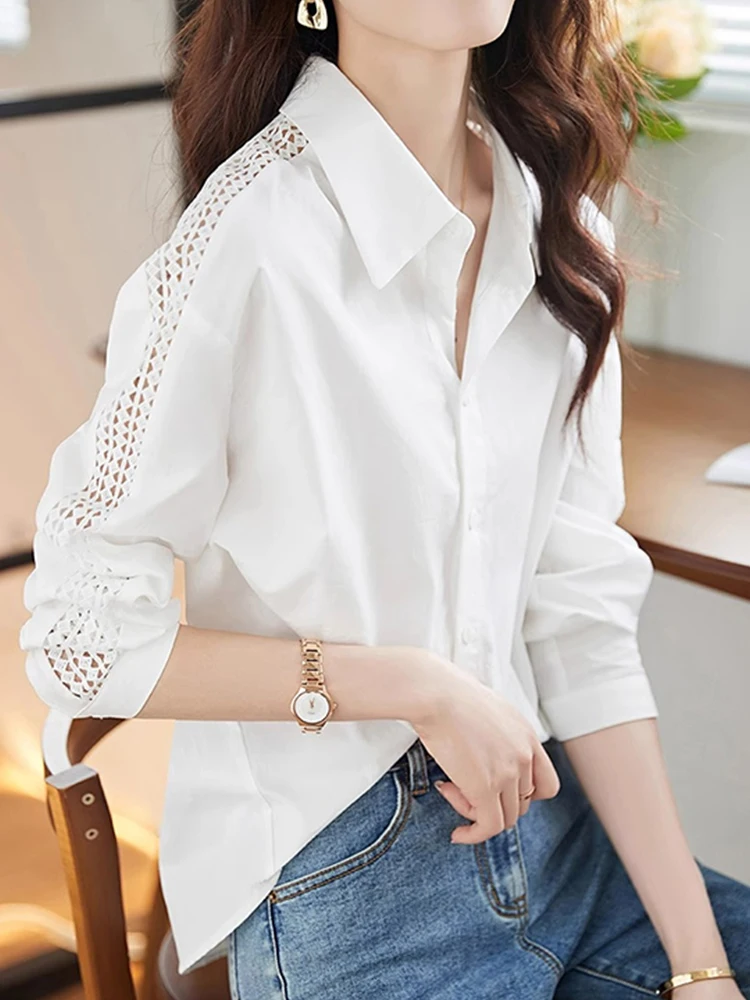 

Женская блузка с вырезами, повседневная, с длинным рукавом, однотонная, простого кроя, новинка, корейская версия, с воротником на пуговицах