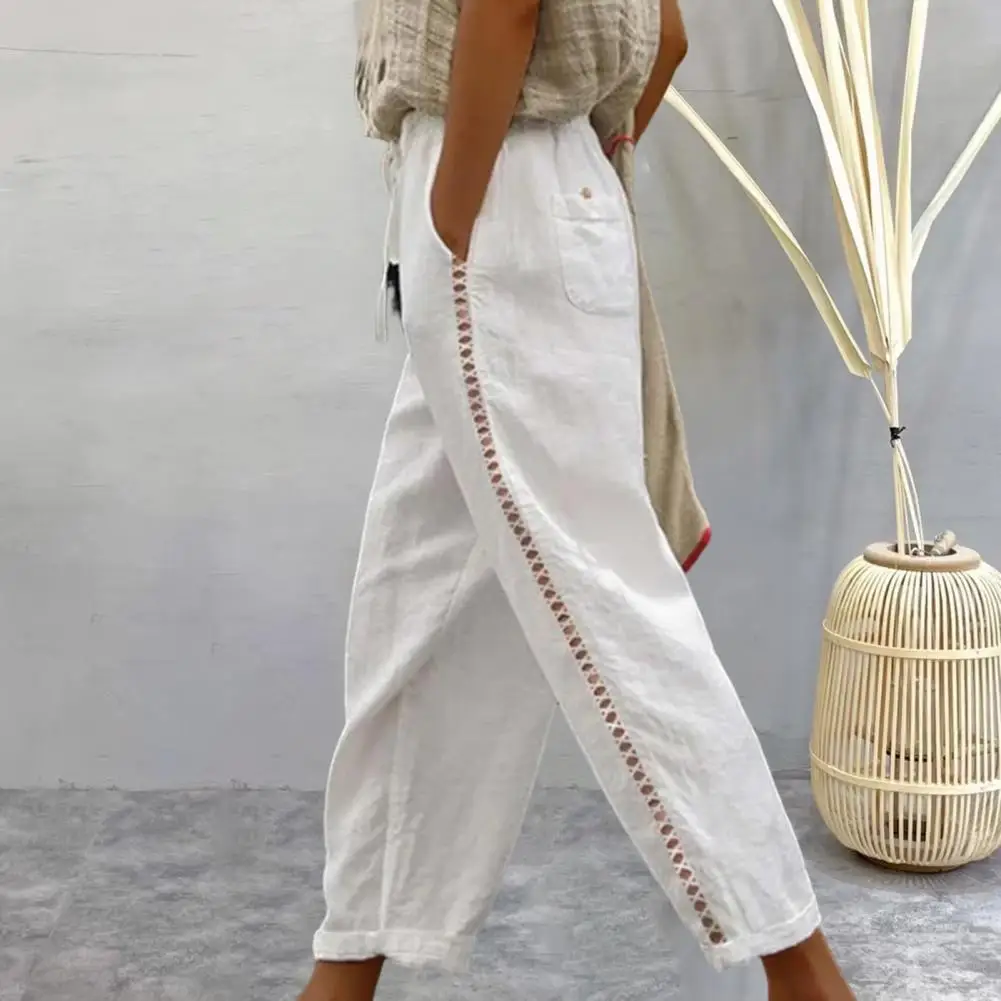 Fashion Women Casual Cotton Linen High Waist Pants Vintage Drawstring Side Hollow Lace Pants Wide Leg Trousers With Pockets